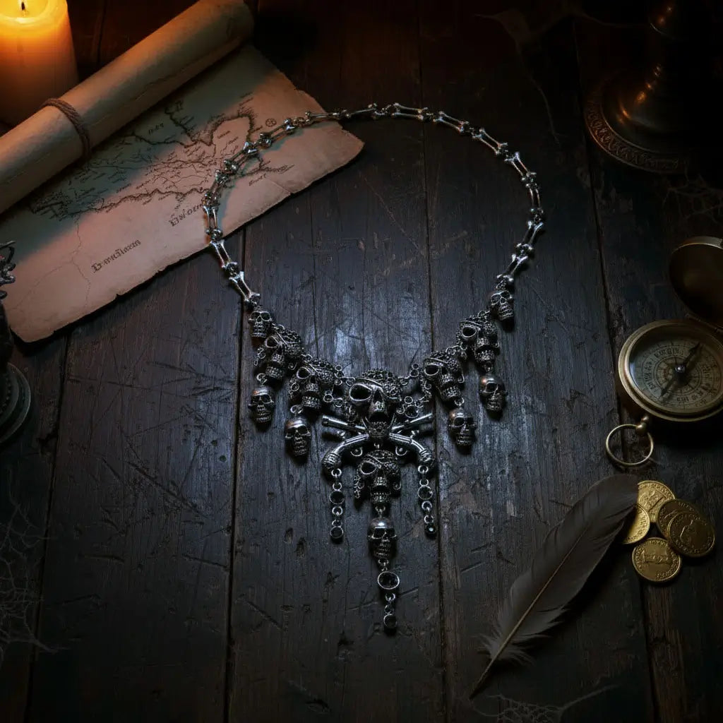Collier Crâne Maudit argenté sur table en bois avec carte ancienne et chandelle, bijou pirate mystique.