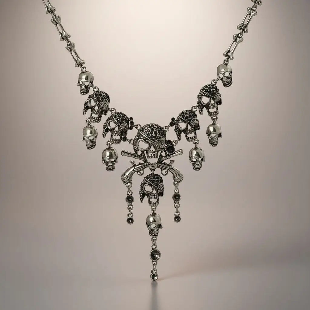 Collier Crâne Maudit argent sur fond neutre, bijou pirate de la gamme Ténèbres, orné de crânes et pendentifs croisés.