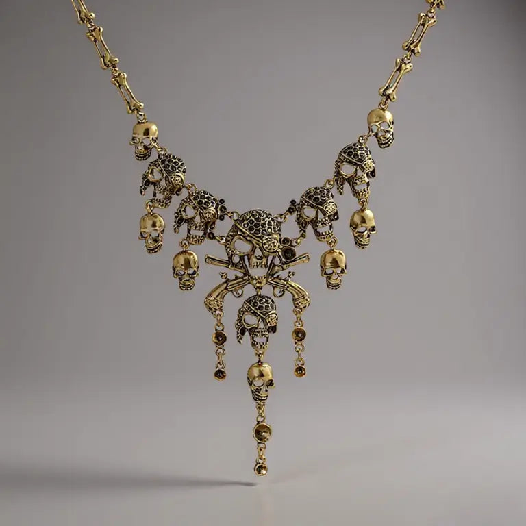 Collier Crâne Maudit doré sur fond clair, bijou pirate de la gamme Ténèbres, orné de crânes et pendentifs croisés.