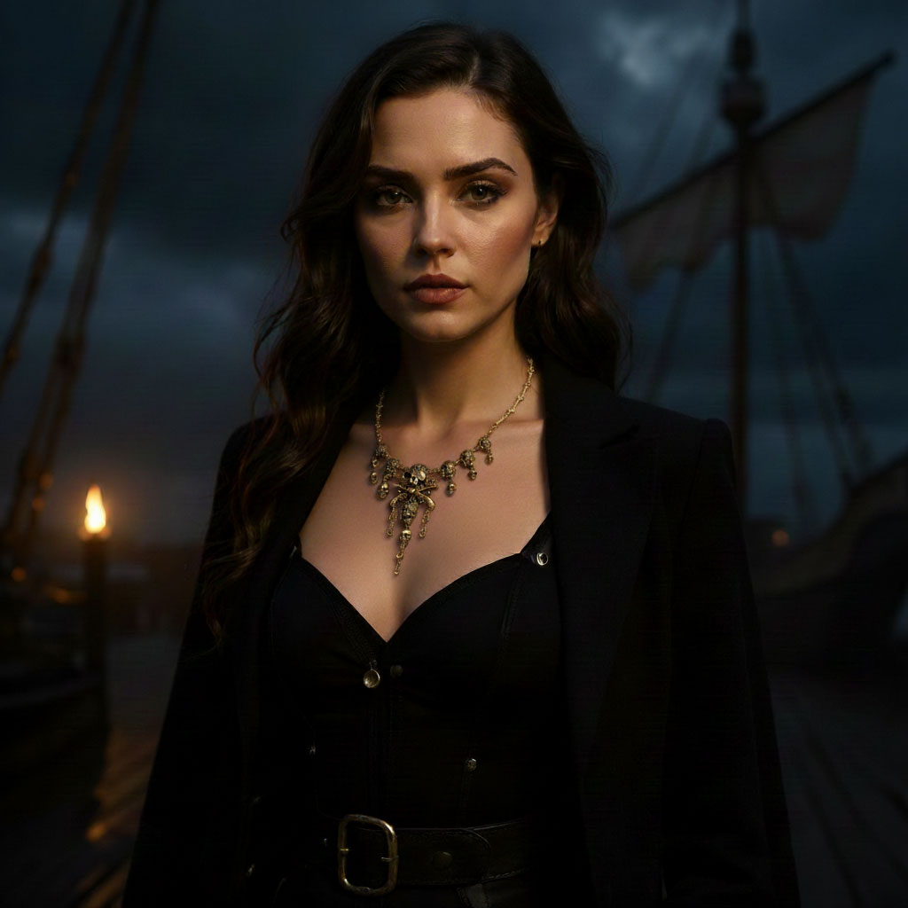 Femme sur le pont d’un navire portant le Collier Crâne Maudit, bijou pirate de la gamme Ténèbres, sous un ciel orageux.