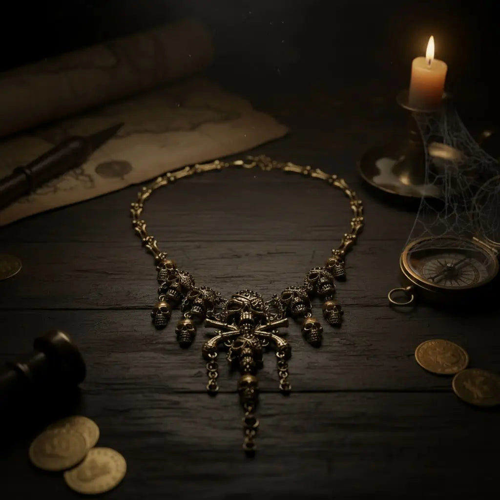Collier Crâne Maudit doré posé sur une table en bois, entouré de chandelles et pièces d’or, ambiance trésor pirate.