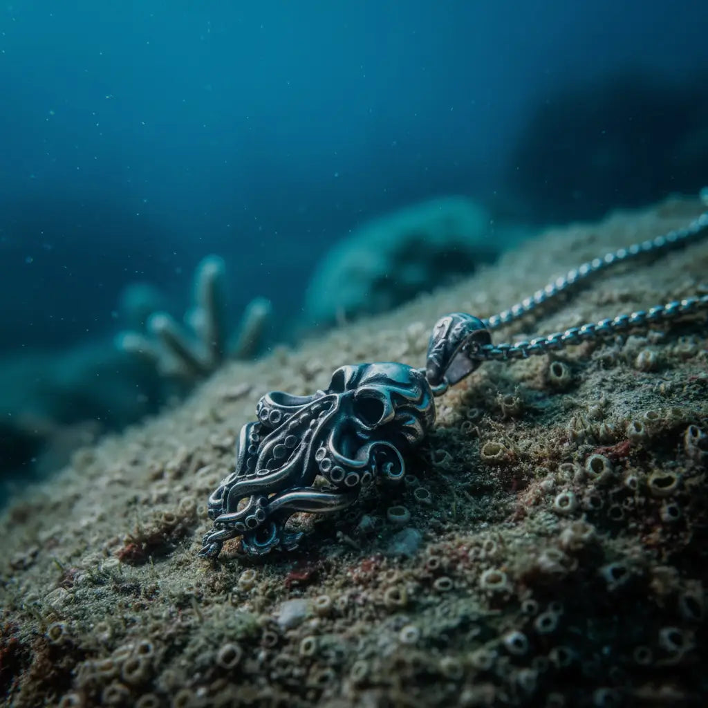 Collier Kraken des Profondeurs posé sur des roches sous-marines.