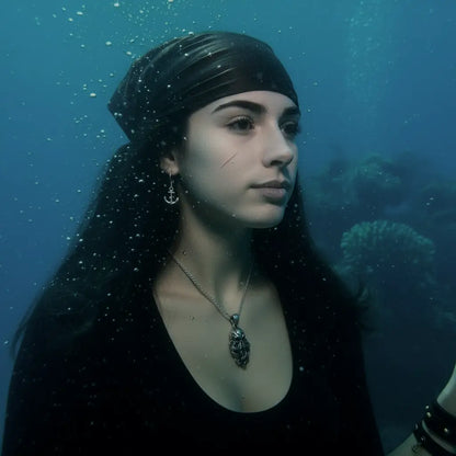 Portrait féminin sous-marin avec le collier Kraken des Profondeurs.