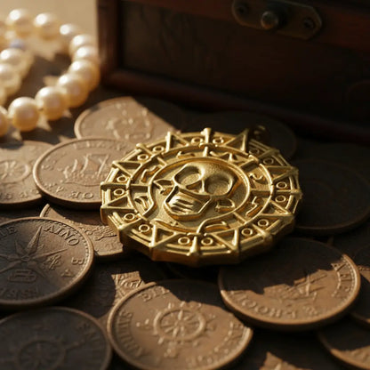 Médaillon pirate doré posé sur des pièces en bronze, bijou inspiré du trésor des Caraïbes, éclairage doré et ambiance maritime.