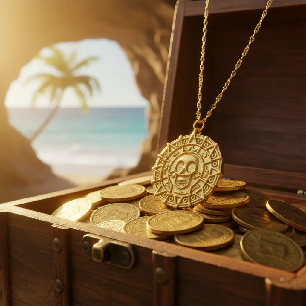 Médaillon pirate doré posé sur un coffre au trésor, ambiance de grotte tropicale avec lumière dorée et reflets marins.