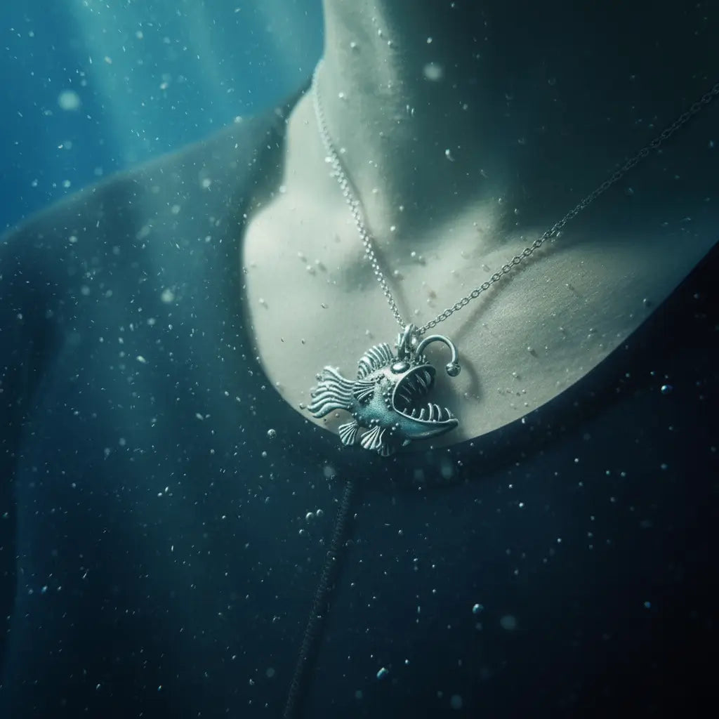 Collier Poisson Squelette Lanterne porté sous l’eau, effet de lumière bleue.