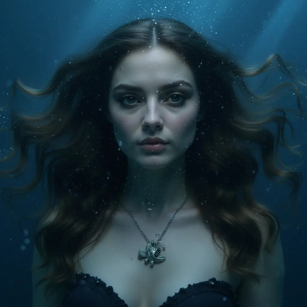 Homme portant le collier Poisson Squelette Lanterne dans une ambiance sous-marine sombre.