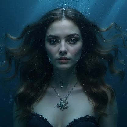 Homme portant le collier Poisson Squelette Lanterne dans une ambiance sous-marine sombre.