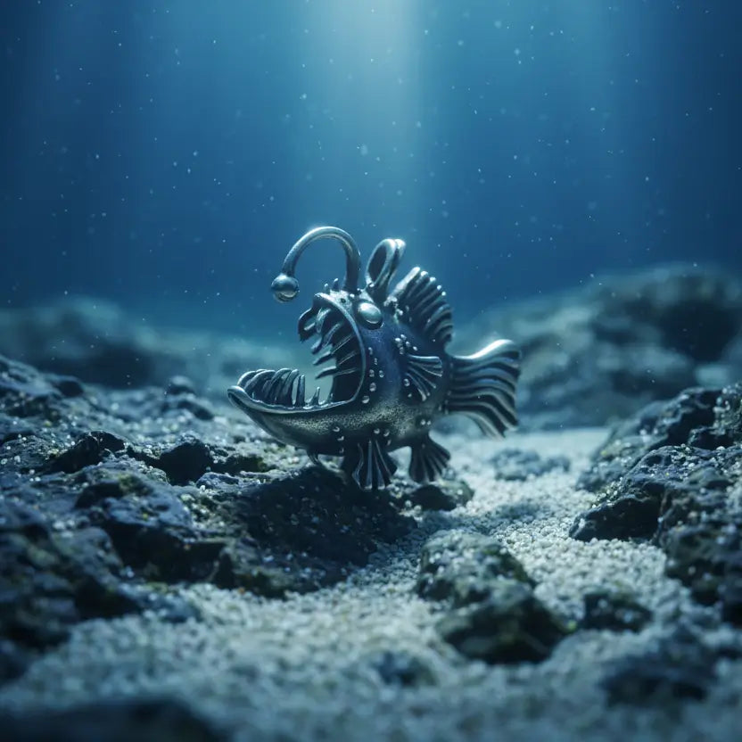 Collier Poisson Squelette Lanterne posé sur des rochers sous-marins, ambiance bleue et abyssale.