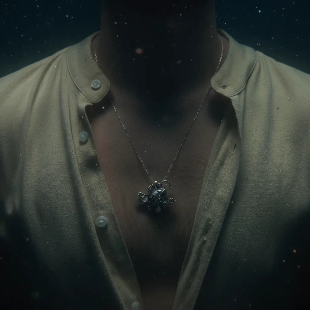 Collier Poisson Squelette Lanterne porté sur un torse masculin, lumière diffuse des profondeurs.