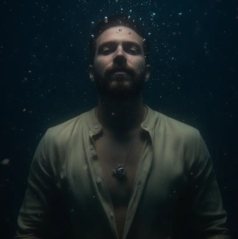 Homme portant le collier Poisson Squelette Lanterne dans une ambiance sous-marine sombre.