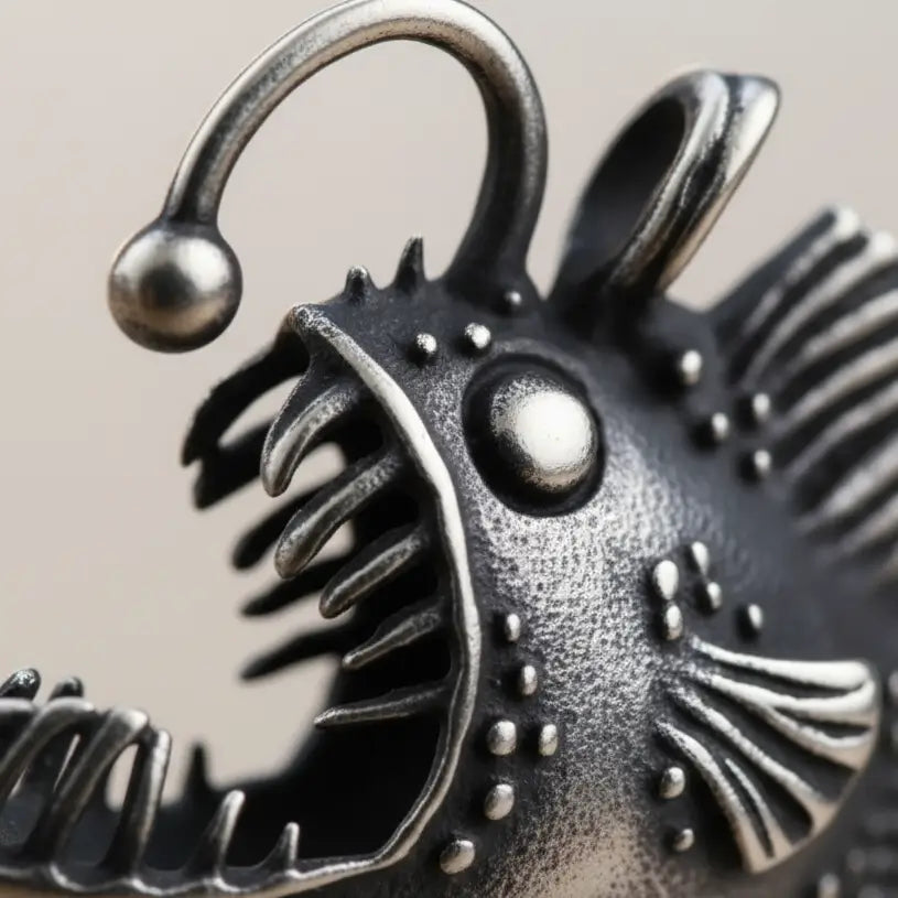 Gros plan sur le pendentif du collier Poisson Squelette Lanterne, texture métallique réaliste.