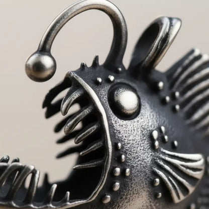 Gros plan sur le pendentif du collier Poisson Squelette Lanterne, texture métallique réaliste.