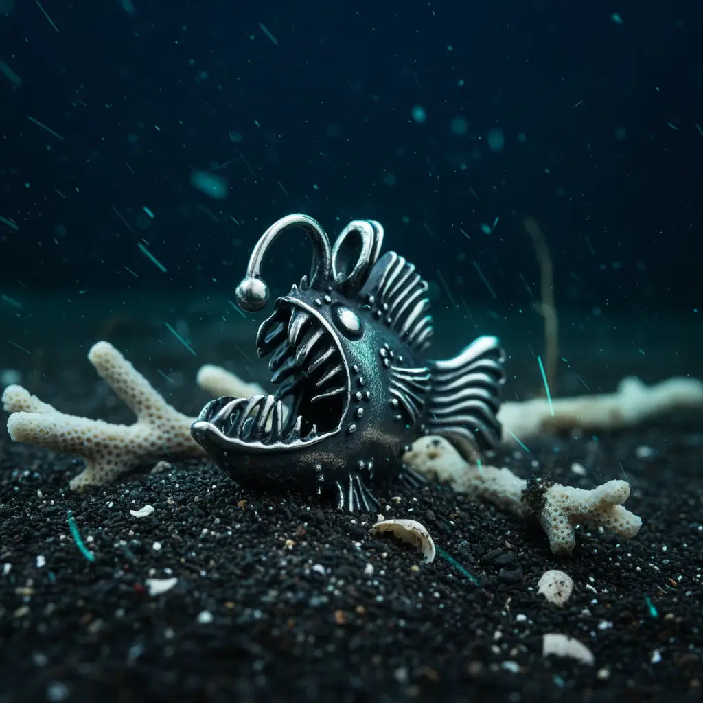 Collier Poisson Squelette Lanterne argenté posé sur le sable marin avec coquillages et coraux.