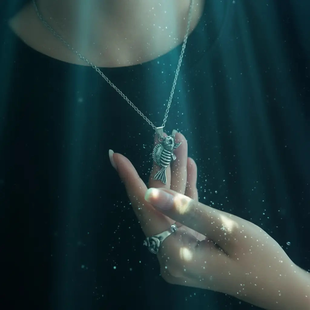 Collier Poisson Squelette Piranha tenu dans la main d’une femme, effet d’immersion aquatique.