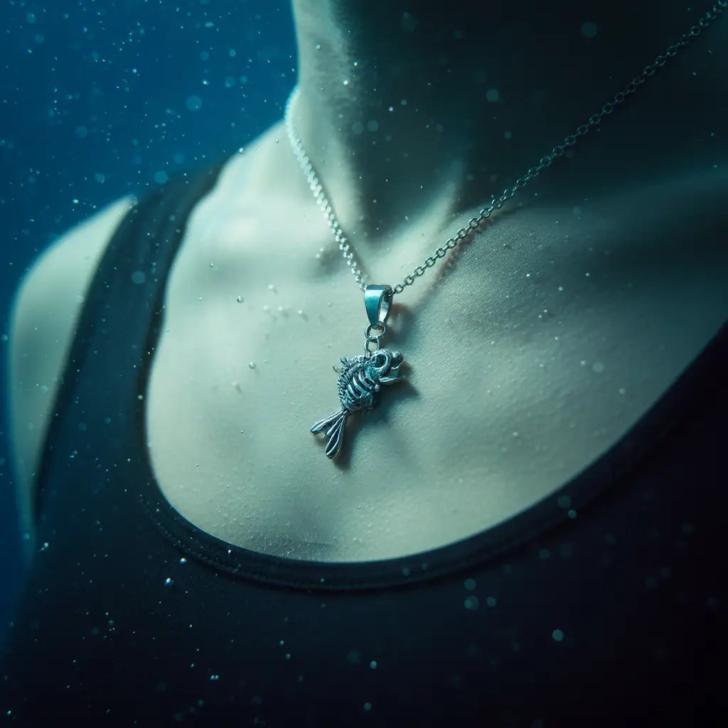 Collier Poisson Squelette Piranha porté par une femme, ambiance sous-marine bleutée.
