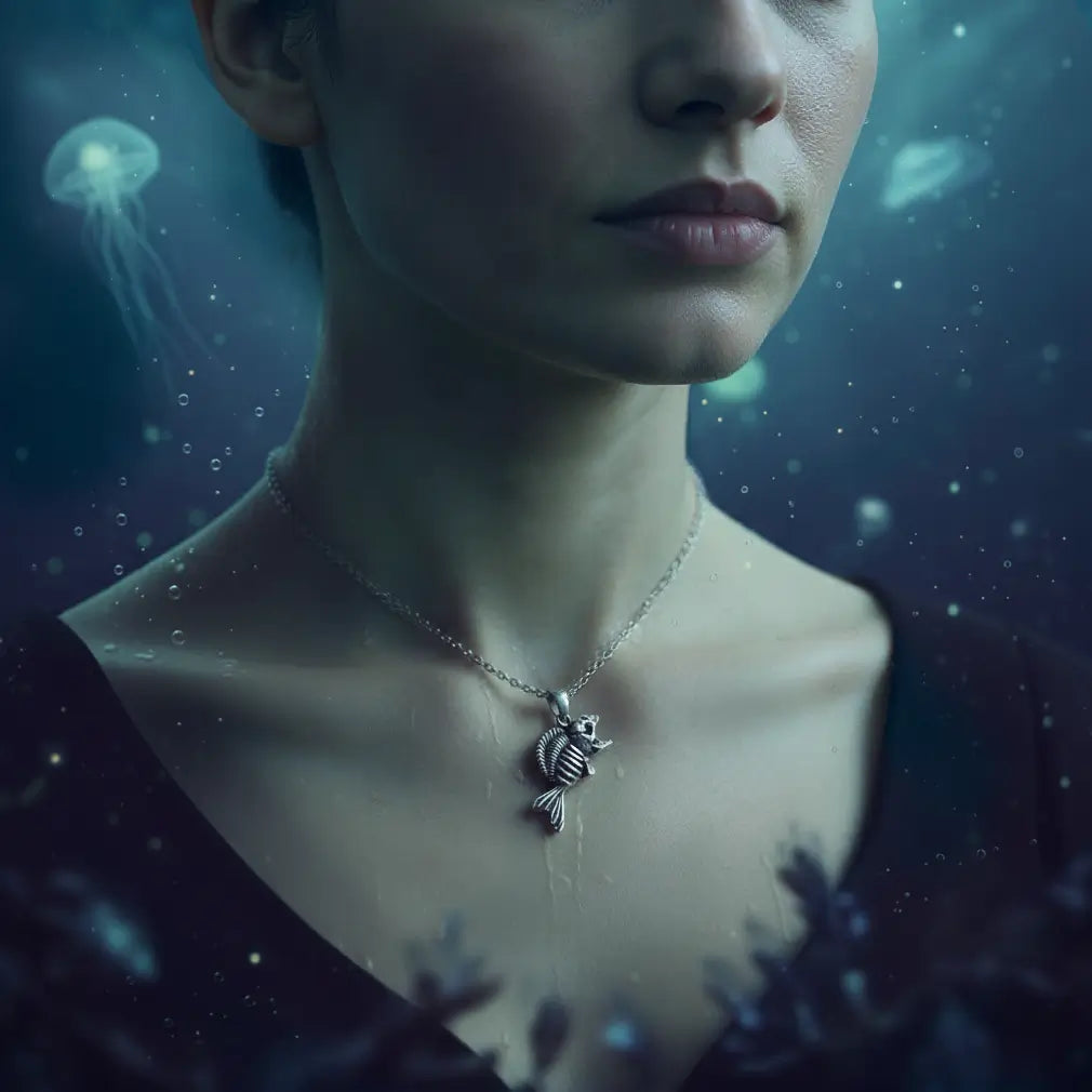 Femme portant le Collier Poisson Squelette Piranha, ambiance mystérieuse des profondeurs.