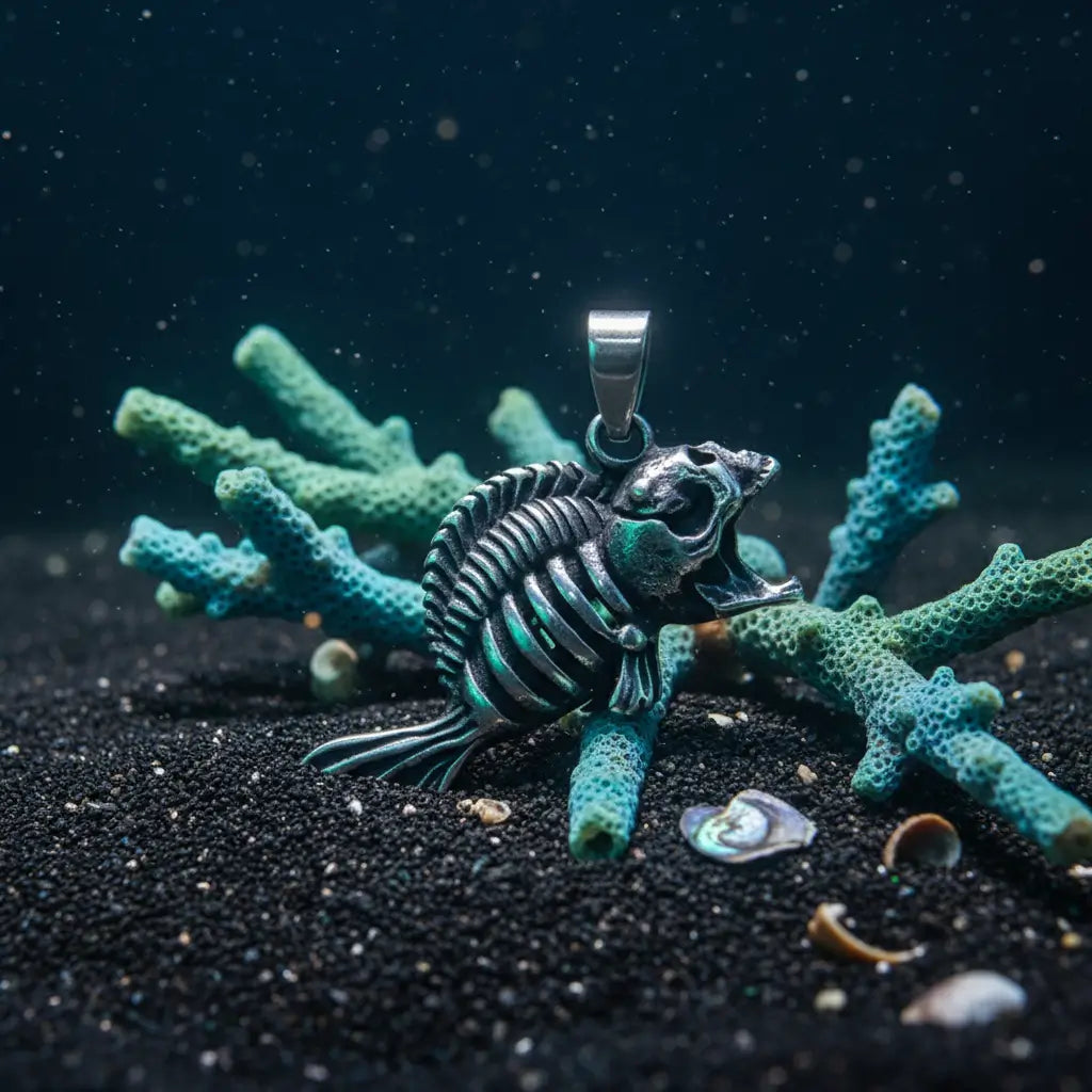 Collier Poisson Squelette Piranha posé sur du sable marin avec coraux et coquillages.