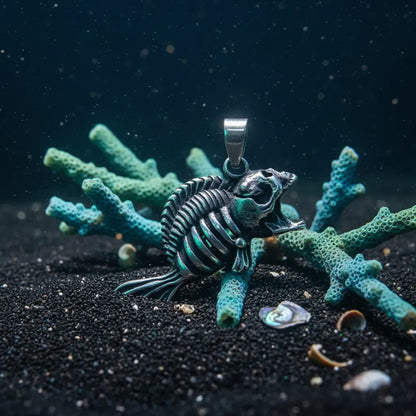 Collier Poisson Squelette Piranha posé sur du sable marin avec coraux et coquillages.