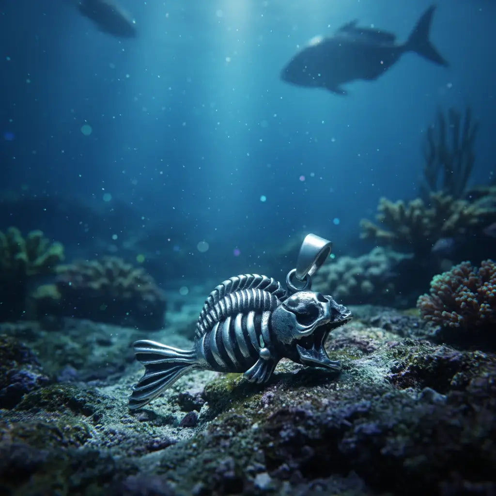 Collier Poisson Squelette Piranha argenté posé sur un fond rocheux sous-marin éclairé.