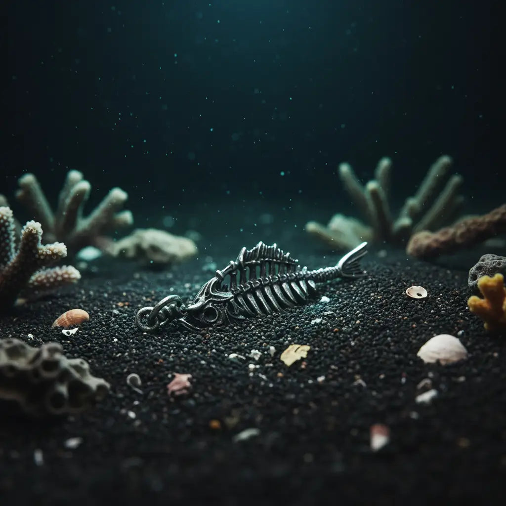 Collier Poisson Squelette Thon reposant sur du sable marin avec coraux et coquillages.