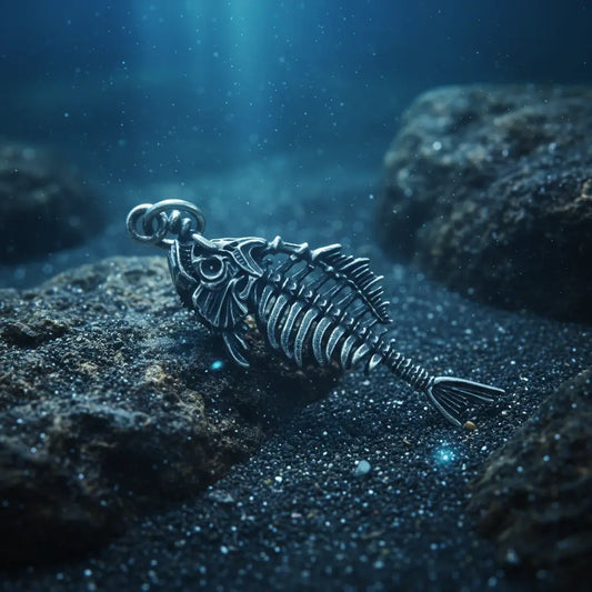 Collier Poisson Squelette Thon posé sur des rochers sous-marins, ambiance bleue abyssale.