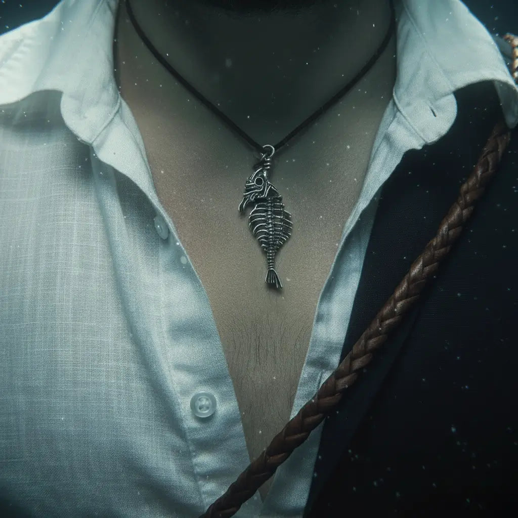 Collier Poisson Squelette Thon porté sur une chemise ouverte, ambiance marine sombre et élégante.