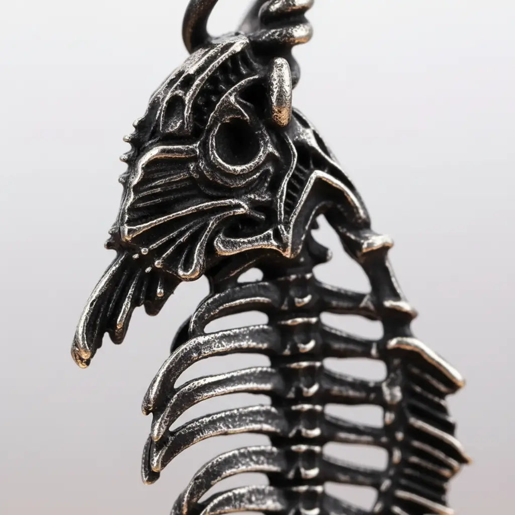 Gros plan sur le pendentif du Collier Poisson Squelette Thon, texture métallique et fines arêtes.