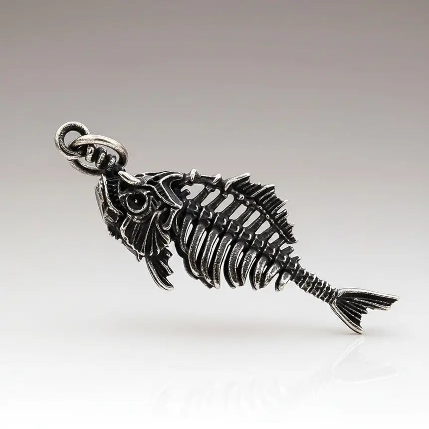 Collier Poisson Squelette Thon en argent, bijou marin détaillé sur fond blanc neutre.