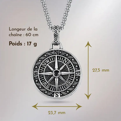 Collier Rose des Vents en acier inoxydable avec dimensions détaillées de la chaîne et du pendentif.