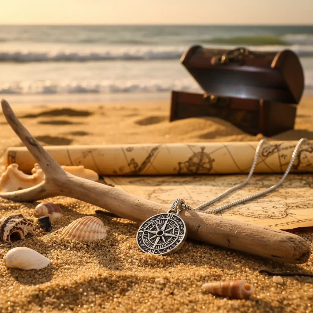 Collier Rose des Vents posé sur le sable doré au bord de la mer, évoquant un trésor caché et les aventures des navigateurs.