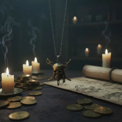 Pendentif pirate Sabres du Flibustier suspendu au-dessus de pièces d’or et de bougies, décor immersif de taverne.