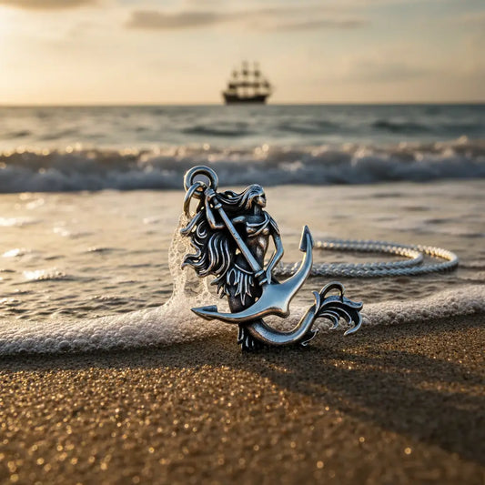 Collier Sirène des Mers sur le sable avec les vagues, reflet doré et lumière maritime.