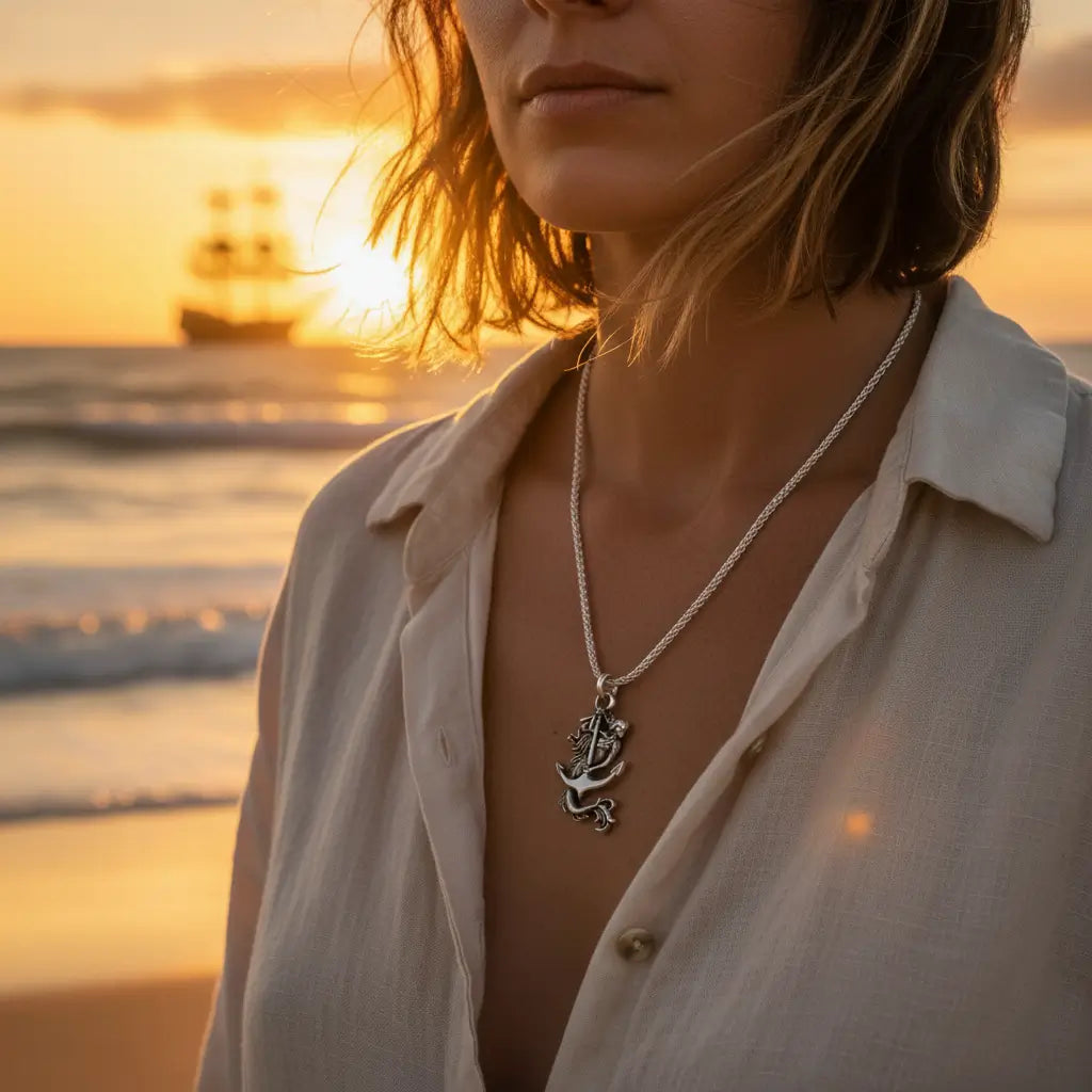 Femme portant le Collier Sirène des Mers sur la plage au coucher du soleil, look flibustier et marin.