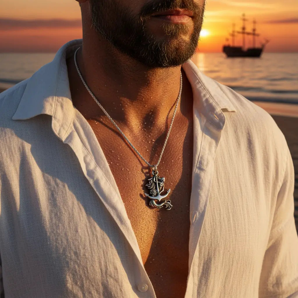 Homme portant le Collier Sirène des Mers face à la mer, navire visible à l’horizon.