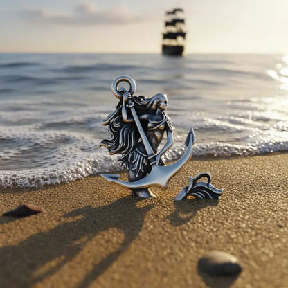 Collier Sirène des Mers posé sur le sable, bateau pirate à l’horizon, ambiance maritime dorée.