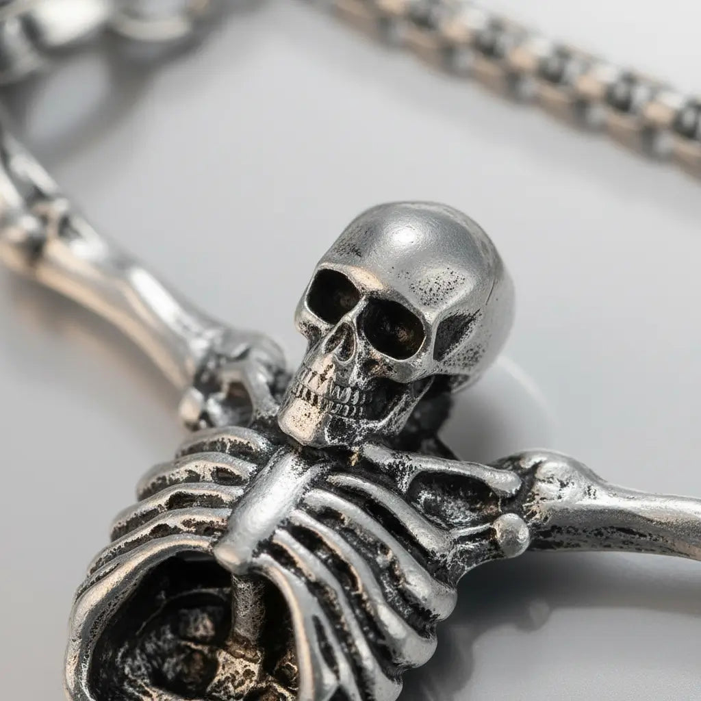 Gros plan sur le crâne et les os du collier squelette captif, finition métallique réaliste.