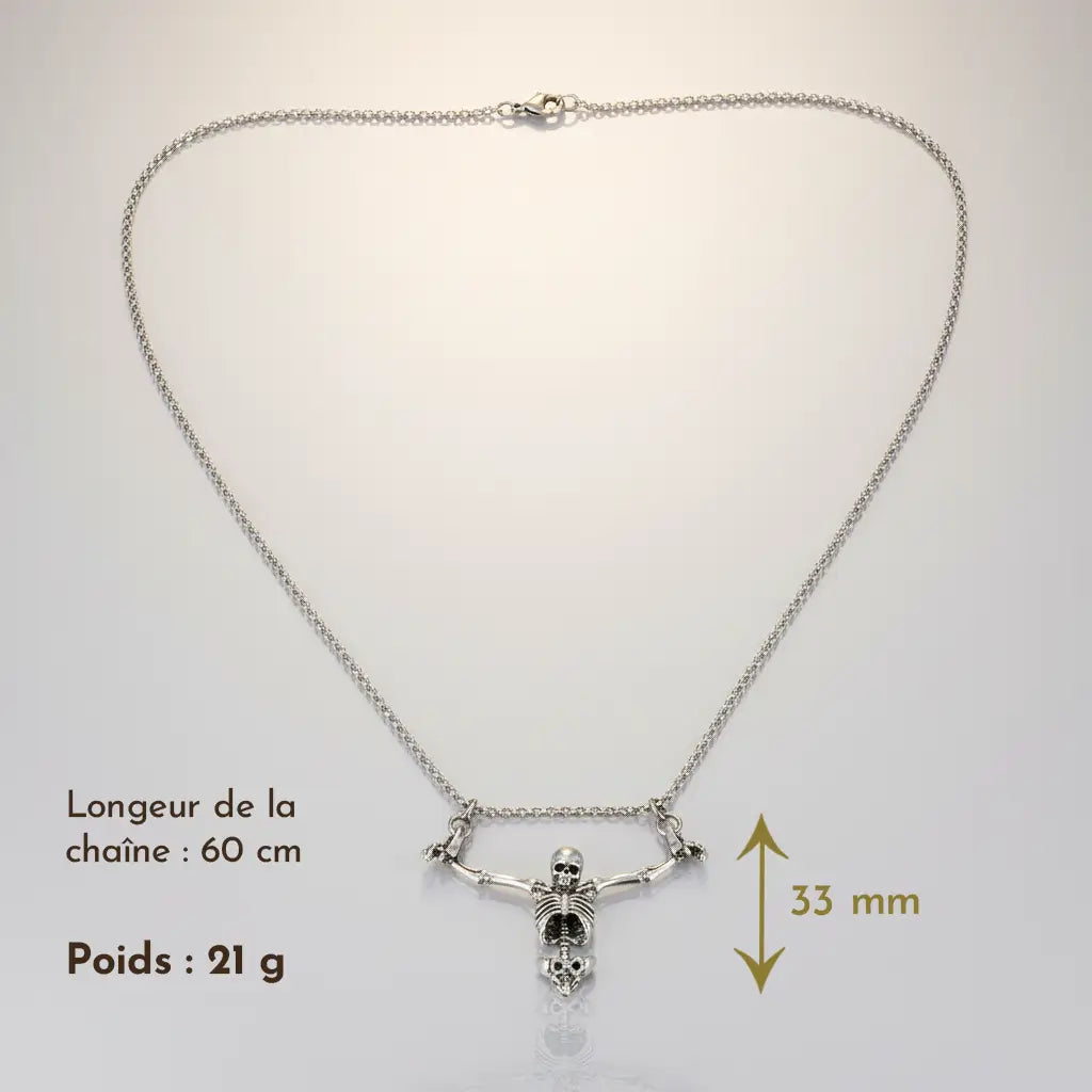 Dimensions et poids du collier squelette captif, pendentif pirate détaillé.