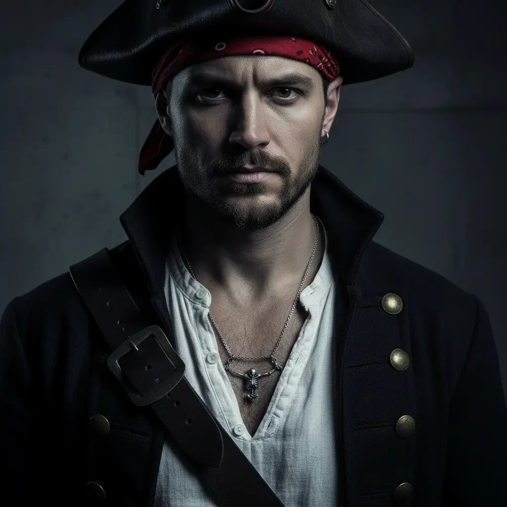 Homme portant le collier du squelette captif, bijou pirate sombre et affirmé.