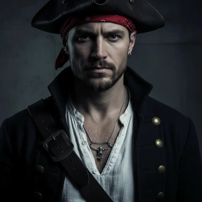 Homme portant le collier du squelette captif, bijou pirate sombre et affirmé.