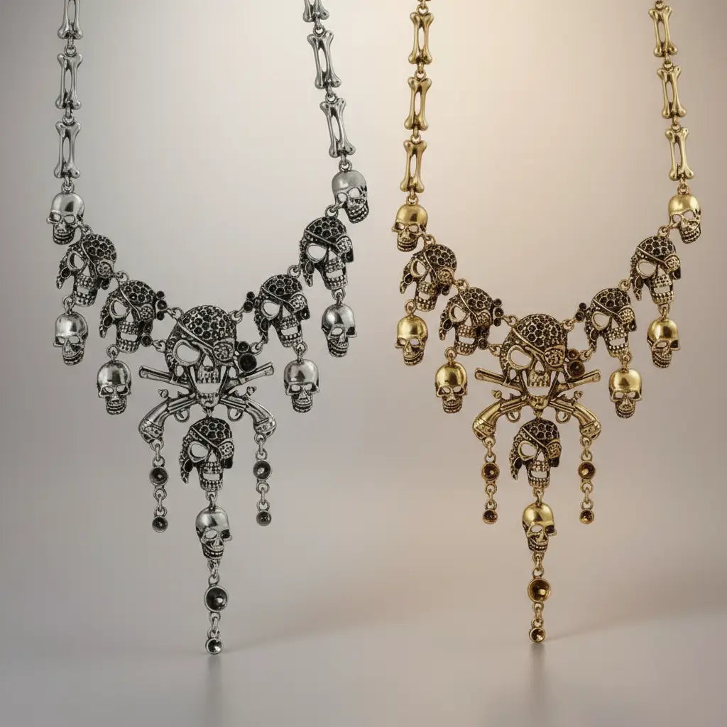 Collier Crânes Maudit doré et Argenté disposés sur fond blanc.