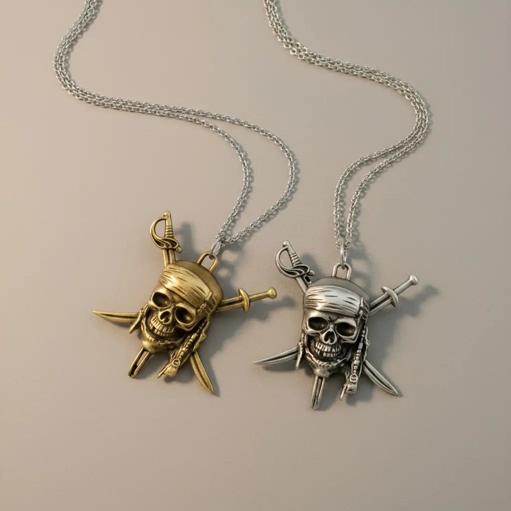 Duo de colliers Sabres du Flibustier en argent et bronze, bijoux pirates croisés de la gamme Ténèbre.