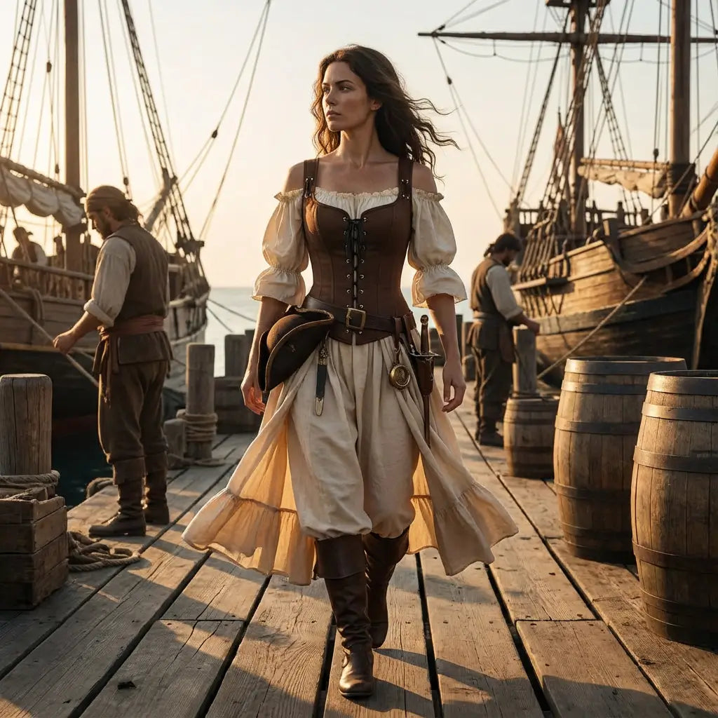Tenue de la navigatrice pirate portée par une femme pirate marchant sur le pont d’un navire ancien.