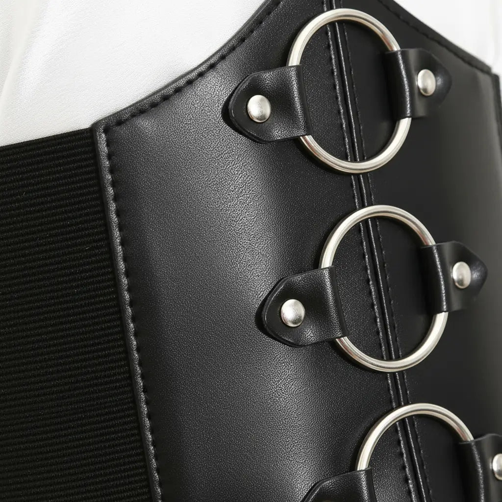 Détail des anneaux métalliques du corset noir aux trois anneaux.