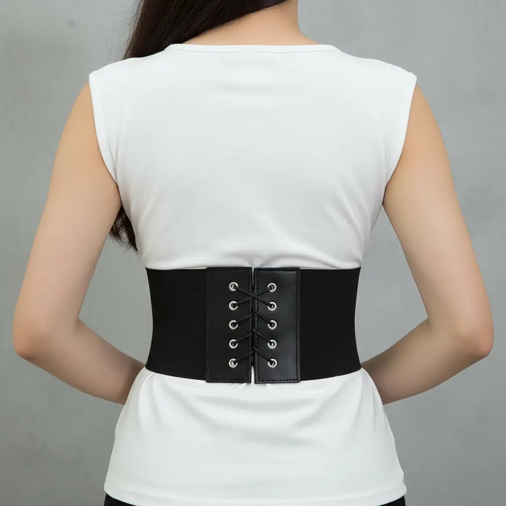 Corset noir aux trois anneaux vu de dos avec laçage ajustable.