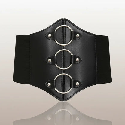 Corset noir aux trois anneaux vue de face, design structuré et anneaux métalliques.