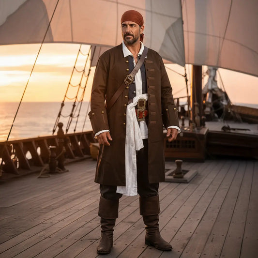Tenue complète de capitaine pirate inspirée de Jack Sparrow, portée par un capitaine sur un navire au coucher du soleil.