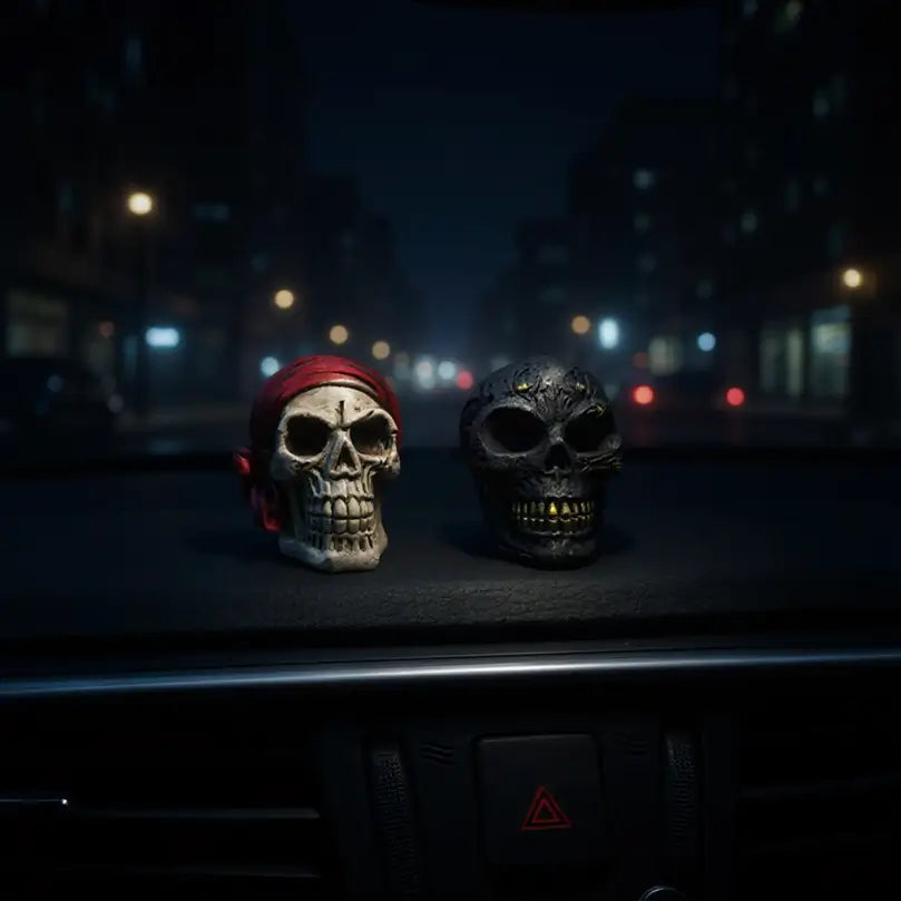 Deux désodorisants crânes installés sur le tableau de bord d’une voiture moderne, ambiance ténébreuse.