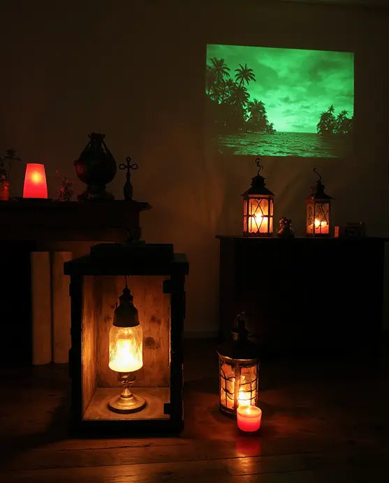 Décor de salon en ambiance pirate, éclairé par des lanternes et bougies, avec une projection murale d’une île tropicale au crépuscule.