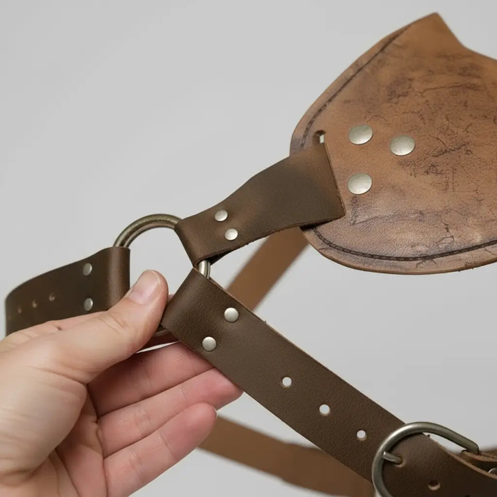 Détail d’une armure pirate en cuir marron, avec boucles en métal et finitions robustes.